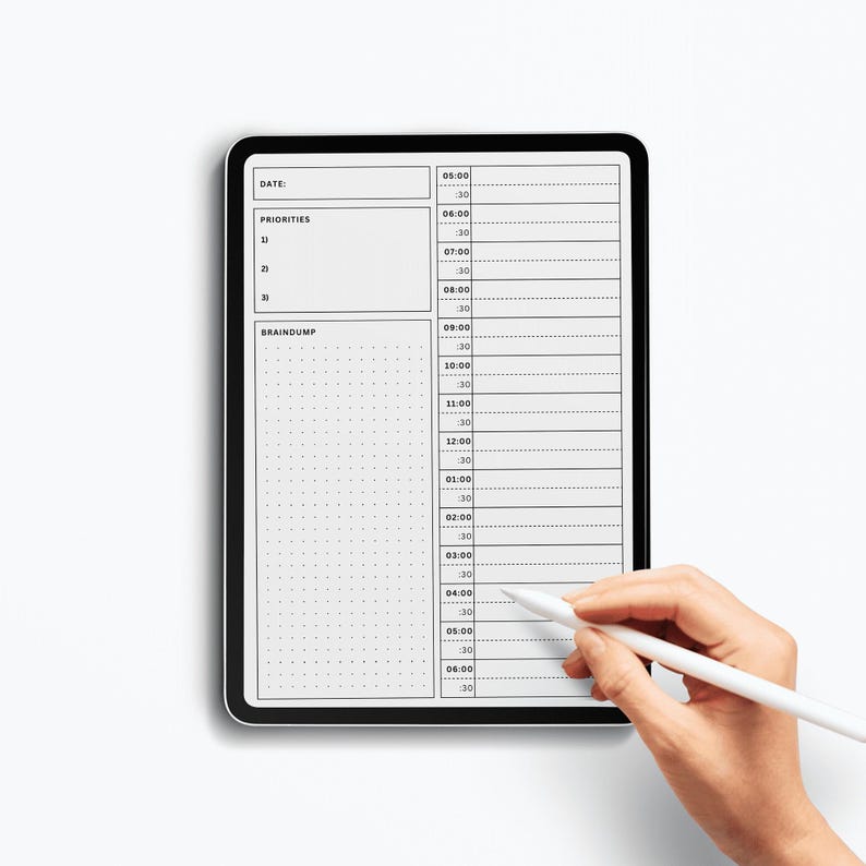 Infographic displaying the layout of a digital daily planner template, emphasizing timeboxing elements and structured sections for agendas and to-do lists.