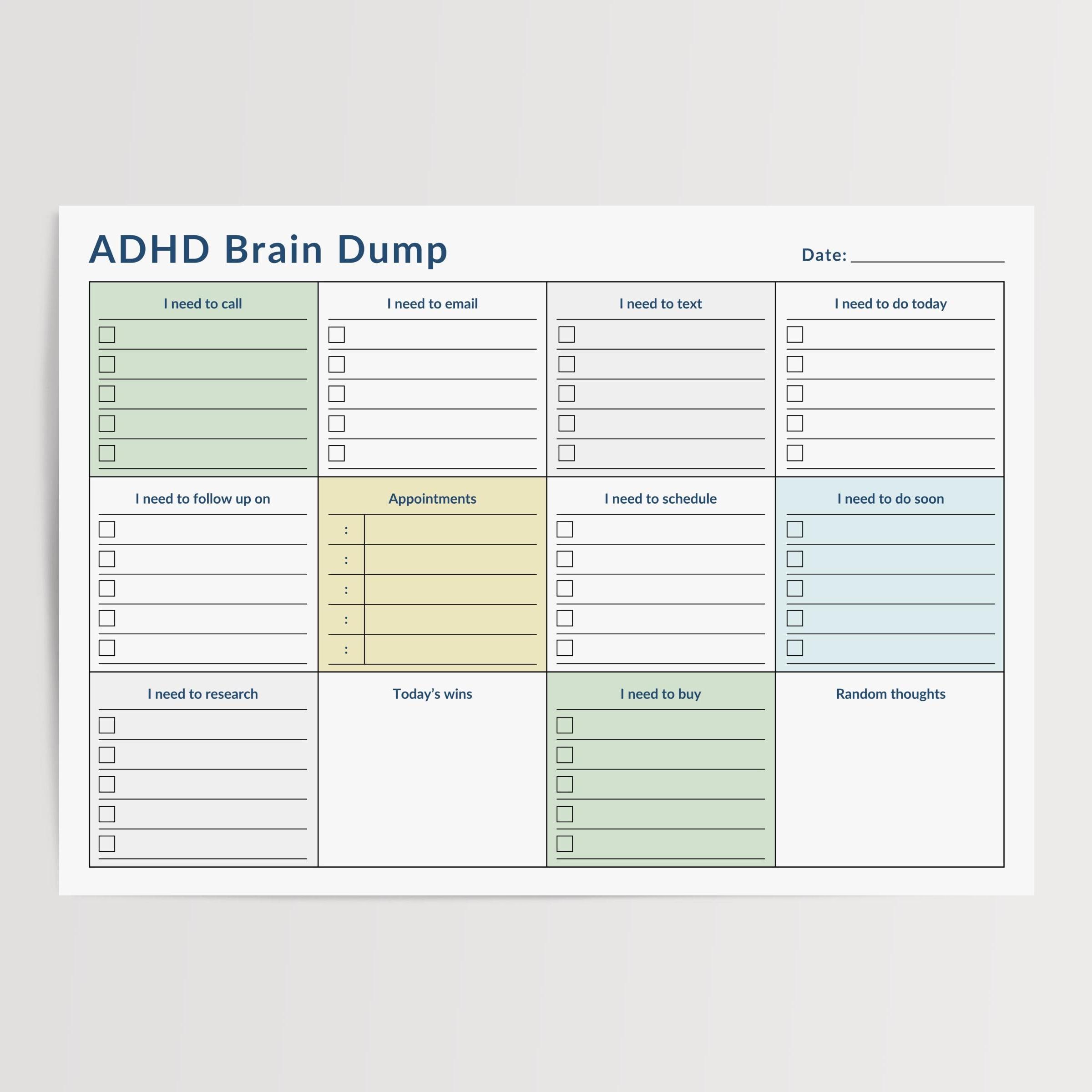 Printable ADHD Planner PDF - Daily Checklist for Focus & Tasks - A4 / US Letter Sizes - Daily Planner Landscape with Brain Dump