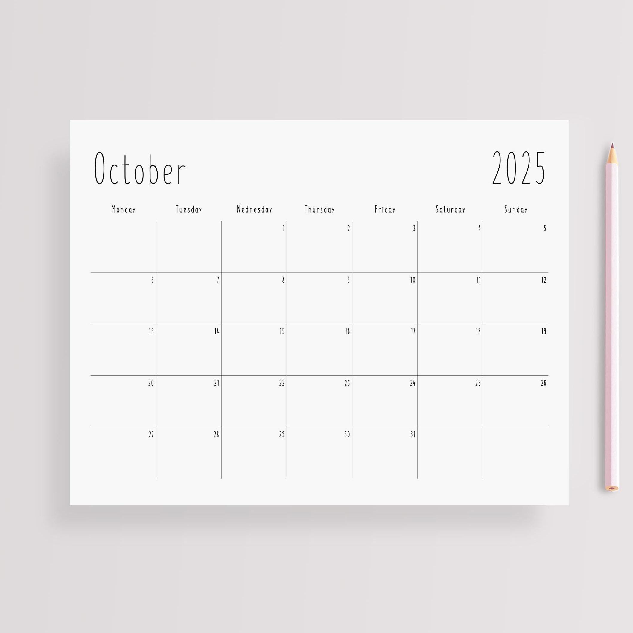 2025 Minimalist Monthly Planner PDF - Printable Calendar A4 A3 US Letter Ledger - Cute Handwritten Font - Monday & Sunday Start
