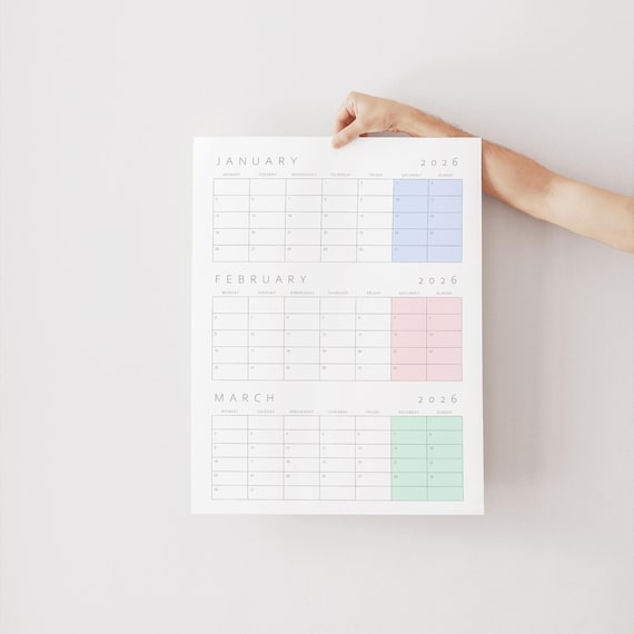 Quarterly Calendar 2026 PDF, Printable 3-Month Planner, Monday & Sunday Start (Digital Download)