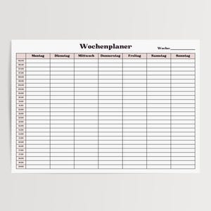 Weißes Blatt Papier mit Wochenplaner Zeitplan von Montag bis Sonntag, halbstündliche Einteilung der Tageszeiten, minimalistisches Raster mit dünnen Linien und zart rosa Überschriften.