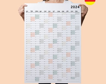 Großer Wandkalender 2024 Deutsch Jahresplaner Download PDF | A0, A1, A2 | In Farbe | Minimalistisches Design | Instant Download