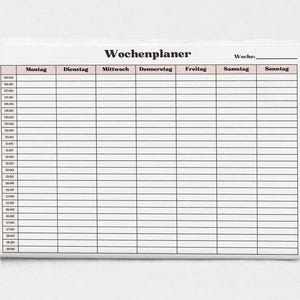 Gedruckte Wochenübersicht mit Zeitplan und halbstündlicher Einteilung, Montag bis Sonntag Spalten, minimalistisches Layout mit feinen Linien und rosa Überschriften.