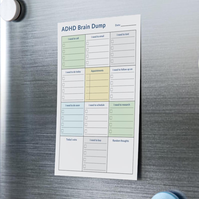 Flat-lay of physical sticky notes pad with printed daily checklist layout — includes labeled sections for planning, calls, appointments, and brain dump, displayed on a neutral background.