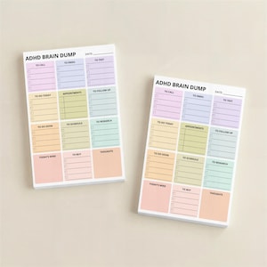 ADHD-friendly sticky note pad in 4x6 inches with pastel rainbow headers, structured brain dump layout, checkboxes for tasks, ideas, reminders, and notes for daily mental organization.