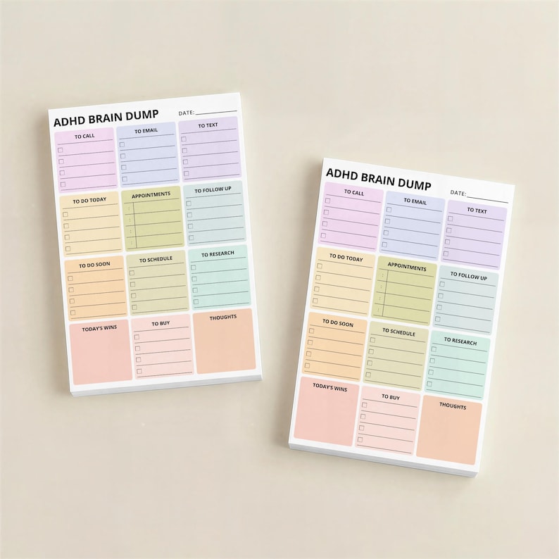 ADHD-friendly sticky note pad in 4x6 inches with pastel rainbow headers, structured brain dump layout, checkboxes for tasks, ideas, reminders, and notes for daily mental organization.