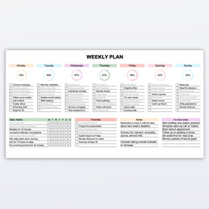 Weekly planner Excel template designed for tracking tasks and habits, including a customizable to-do list and goal-setting sections, accented with colorful header backgrounds.