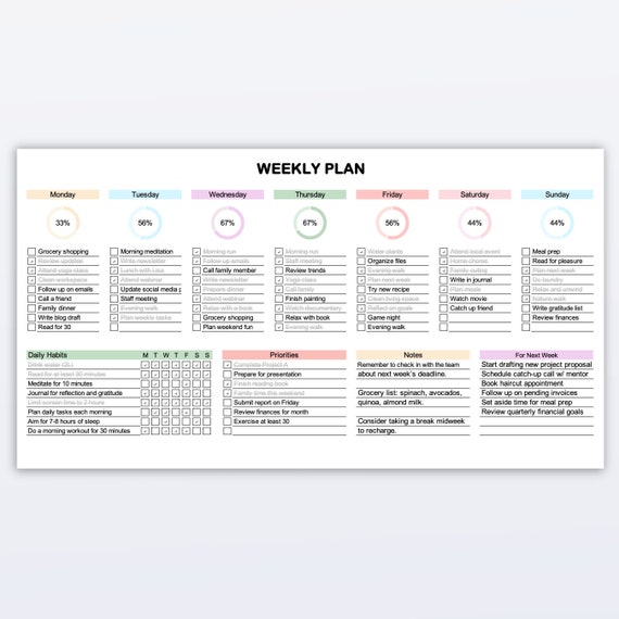 Weekly Planner Excel Template Task Tracker Daily Habit Tracker To-Do List Productivity Planner Goal Setting Customizable Spreadsheet