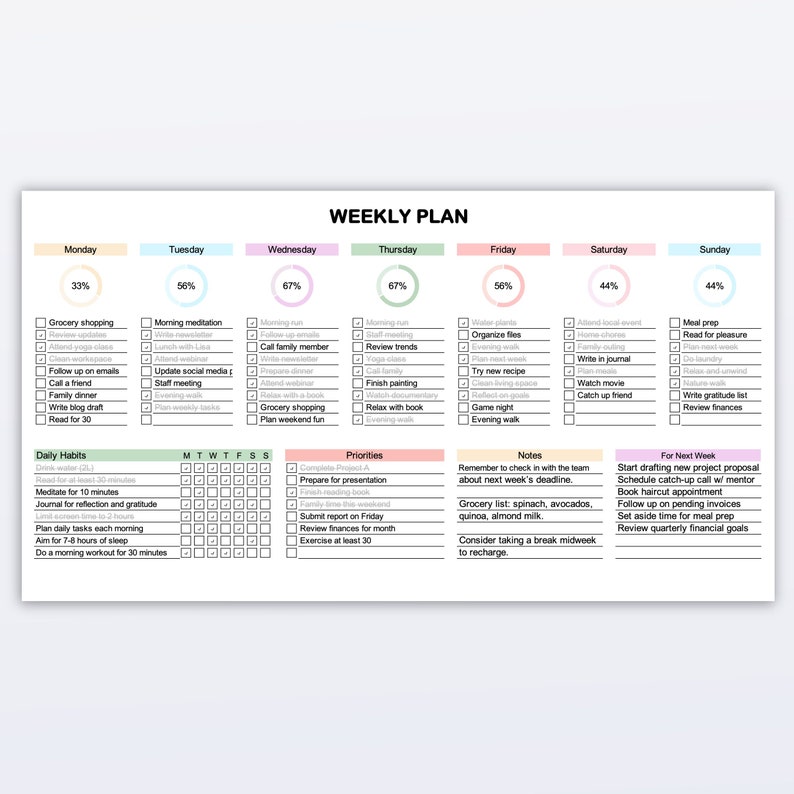 Weekly Planner Excel Template Task Tracker Daily Habit Tracker Todo