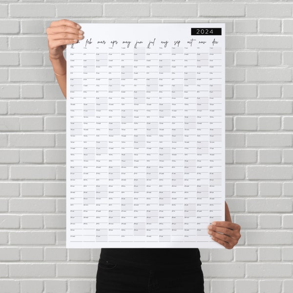 Large 2024 Wall Calendar Black & White Annual Planner Year Calendar Yearly Calendar Portrait Vertical Calendar Office Instant Download PDF