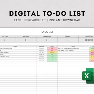 To Do List Excel Spreadsheet | Digtial Excel Template | Digital Checklist | Editable To-Do List | Digital Task Tracker | Digital Download