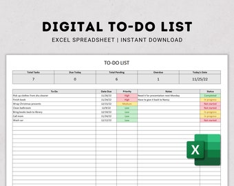 To Do List Excel Spreadsheet | Digtial Excel Template | Digital Checklist | Editable To-Do List | Digital Task Tracker | Digital Download