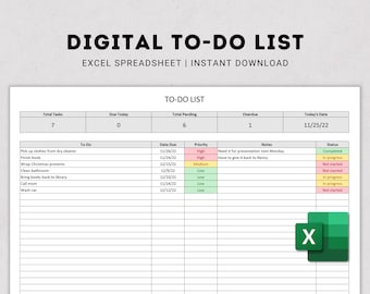 To Do List Excel Spreadsheet | Digtial Excel Template | Digital Checklist | Editable To-Do List | Digital Task Tracker | Digital Download