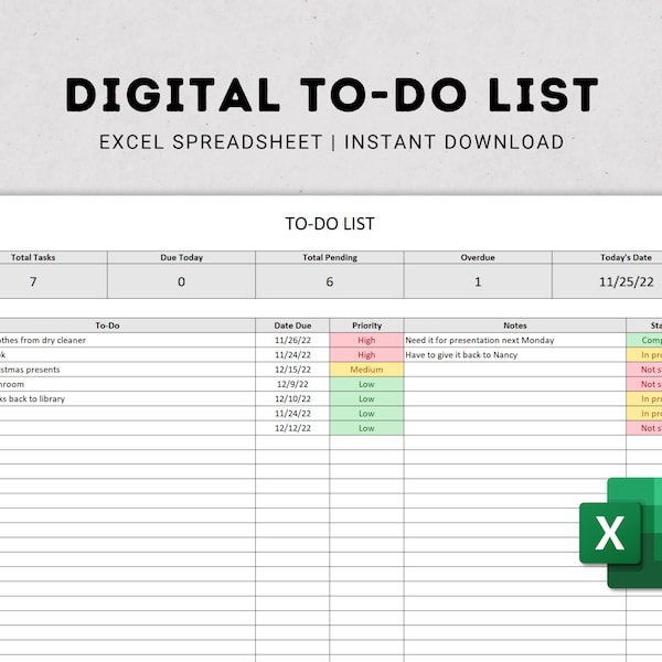 To Do Liste Excel-Arbeitsblatt | Digitale Excel Vorlage | Digitale Checkliste | Bearbeitbare To-Do-Liste | Digitale Aufgabenliste | Digitaler Download