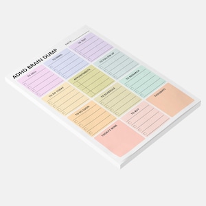 A simple ADHD brain dump notepad placed on a neutral background, featuring structured boxes for writing thoughts and quick notes. 4x6 Post-it adhesive pad with organized layout.