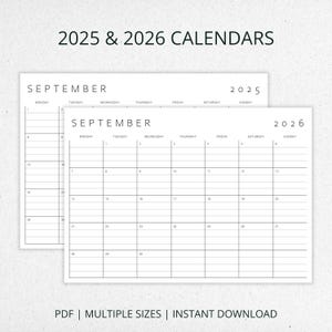 Pacchetto planner mensile 2025 2026 • Calendario stampabile a righe in PDF • Formato minimalista A4, A3, US Letter e 17x11 • Orizzontale • Inizio lunedì + domenica