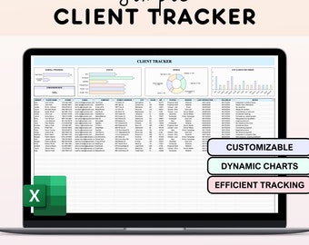May include: A screenshot of a computer screen showing a spreadsheet with the title "Simple Client Tracker". The spreadsheet has columns for client name, phone number, email, company, street address, city, state, zip code, status, source, last interaction, follow up, notes, and overall progress. The spreadsheet also includes charts showing the overall progress, status, source, and number of clients per month. The spreadsheet is customizable and includes dynamic charts for efficient tracking.