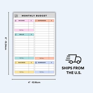 Stack of 4x6 sticky notes with pastel-coded budget categories for bills, savings, income, and expenses, structured layout with clean typography and hand-drawn icons for clarity.