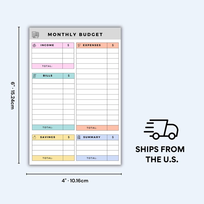 Stack of 4x6 sticky notes with pastel-coded budget categories for bills, savings, income, and expenses, structured layout with clean typography and hand-drawn icons for clarity.