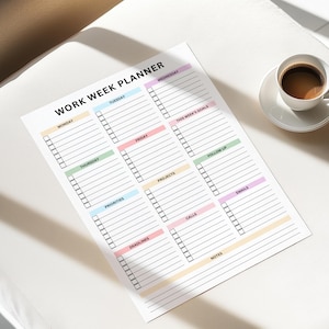 Printable work week planner sheet with structured checklist sections for Monday through Friday, this week’s goals, priorities, projects, follow-ups, deadlines, calls, emails, and notes.