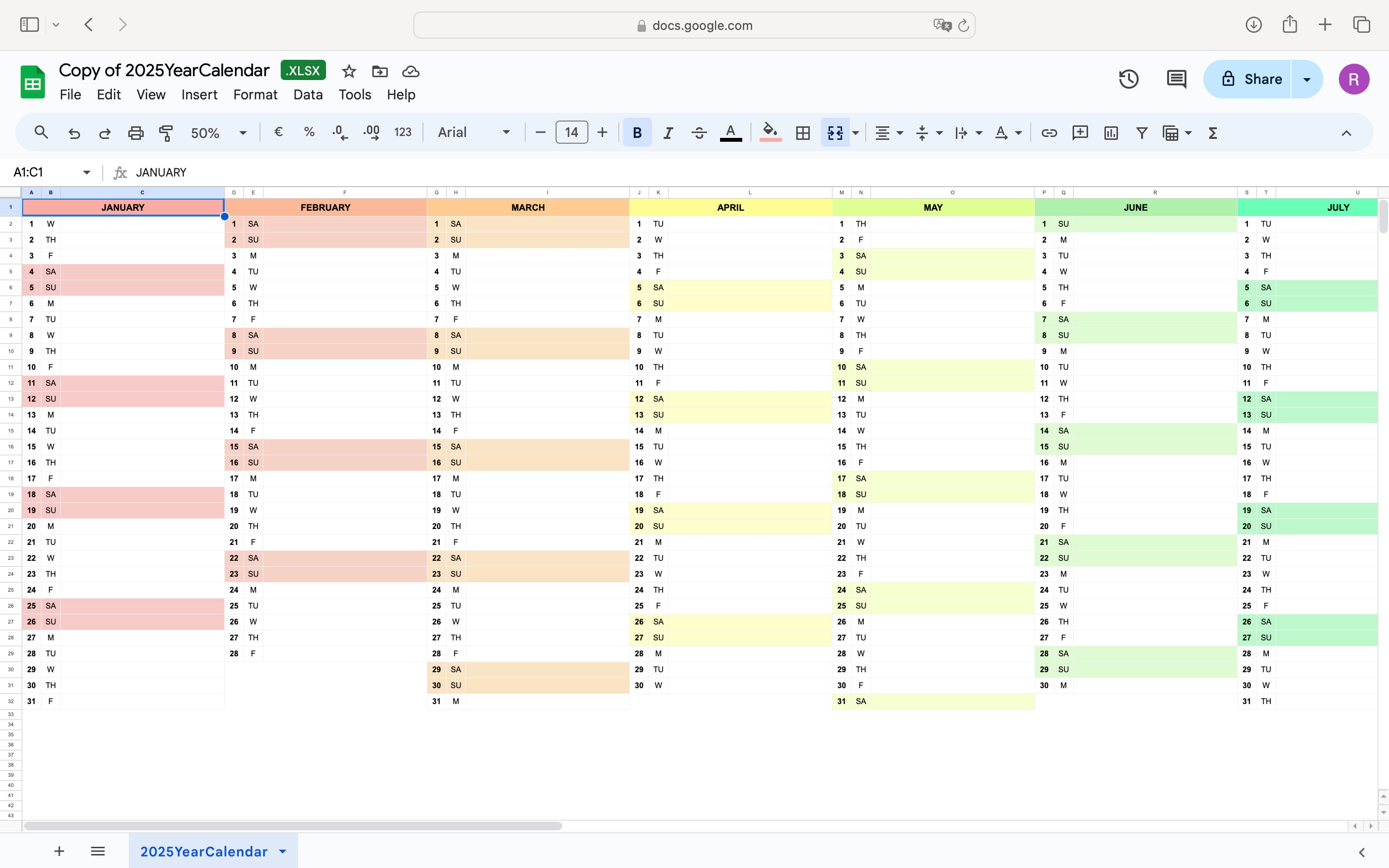 2025年 Excelカレンダー＆Googleスプレッドシート 月間カレンダー 2025年 年間プランナー 2025年  編集可能なExcelとGoogleスプレッドシートのテンプレート レインボーカラー