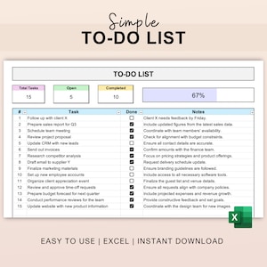 Simple To-Do List Excel Template Digital Todo Spreadsheet Task Tracking Excel Sheet Checklist Checkboxes Instant Download