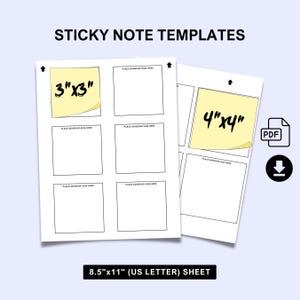 Sticky Note Templates | 2 PDF Sheets (8.5&quot;x11&quot;) for 3&quot;x3&quot; and 4&quot;x4&quot; Sticky Nots | Print On Sticky Notes | Instant Digital Download