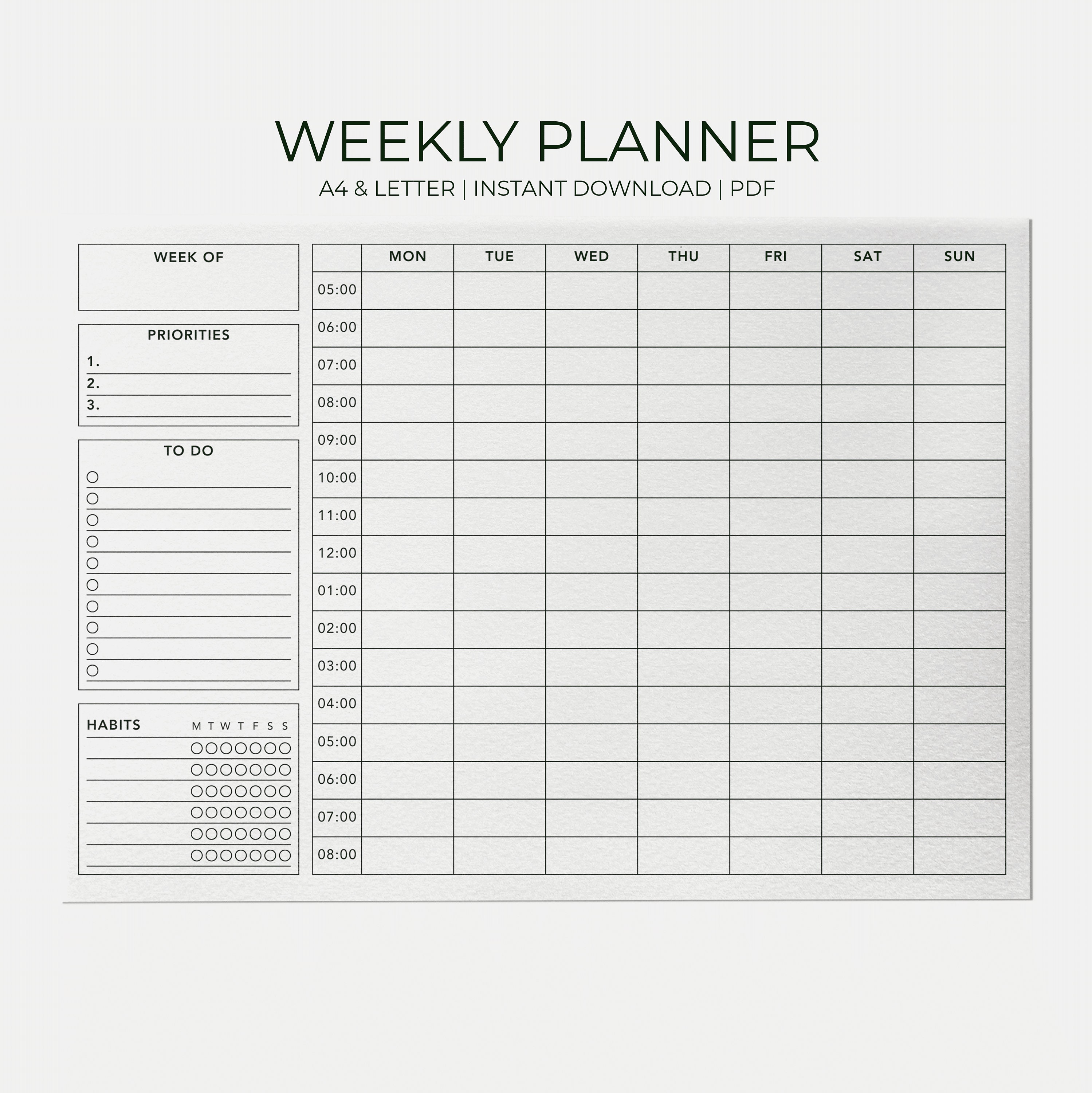 Druckbare Wochenplaner-Vorlage, Wochenplaner PDF, stündlich Wochenagenda PDF Zeitmanagement, A4 & Letter, sofortiger digitaler Download
