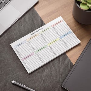 ADHD brain dump checklist notepad in 10x6 inch size, showing pastel headers and empty checkbox sections for calls, emails, tasks, and shopping on a bright neutral background.