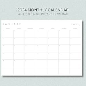 Calendrier minimaliste 2024 imprimable Agenda mensuel 2024 A4, Lettre, A3 Paysage Début lundi et dimanche Téléchargement instantané PDF image 1