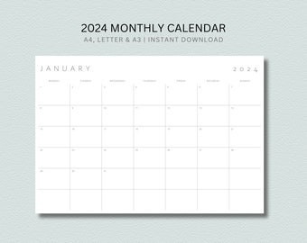 2024 Minimalist Calendar Printable | Monthly Planner 2024 | A4, Letter, A3 | Landscape | Monday & Sunday Start | Instant Download PDF