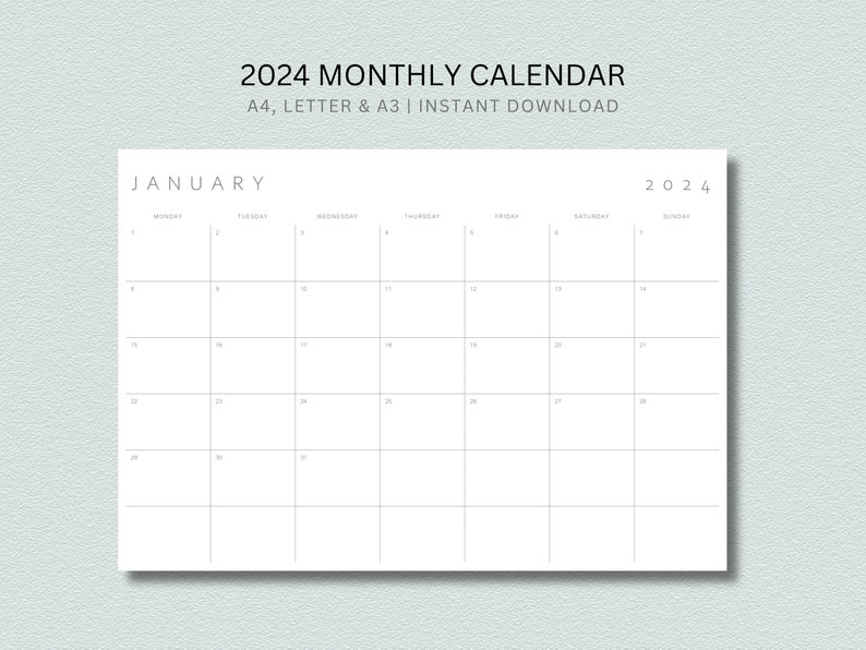 Calendrier minimaliste 2024 imprimable Agenda mensuel 2024 A4, Lettre, A3 Paysage Début lundi et dimanche Téléchargement instantané PDF image 1