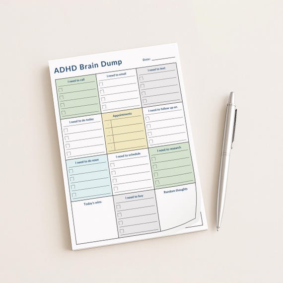 ADHD Planner Sticky Notes Pad: Daily Checklist, Brain Dump (4x6 in)