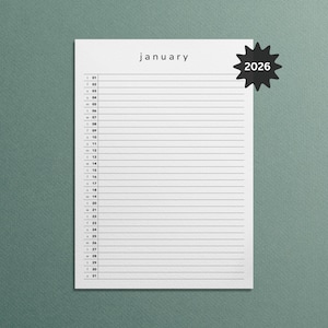 Utskrivbar månadskalender 2026: Minimalistisk PDF-planerare (A4, A3, Letter, Tabloid)