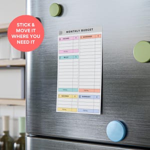 Minimalist 4x6 sticky note notepad showing pastel headers for income, bills, savings, and expenses with hand-drawn icons, 50 sheets stacked with one design per sheet for compact desk budgeting.