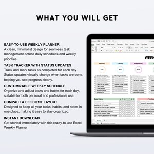 Peut inclure: Un &eacute;cran d'ordinateur portable affichant un mod&egrave;le de planificateur hebdomadaire dans Excel. Le planificateur comprend des sections pour les habitudes quotidiennes, les priorit&eacute;s et un calendrier hebdomadaire avec des colonnes pour le lundi, le mardi, le mercredi, le jeudi, le vendredi, le samedi et le dimanche. Le planificateur est con&ccedil;u pour aider les utilisateurs &agrave; suivre leurs t&acirc;ches et leurs habitudes, et &agrave; marquer visuellement les t&acirc;ches comme termin&eacute;es.