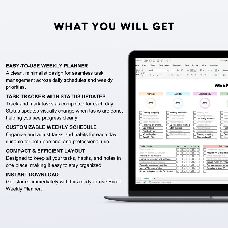 Weekly Planner Excel Template Task Tracker Daily Habit Tracker Todo