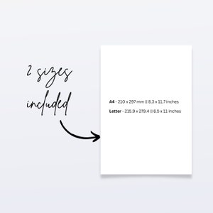 May include: A white sheet of paper with text that says "2 sizes included" and lists the dimensions of two paper sizes: A4 - 210 x 297 mm || 8.3 x 11.7 inches and Letter - 215.9 x 279.4 || 8.5 x 11 inches.