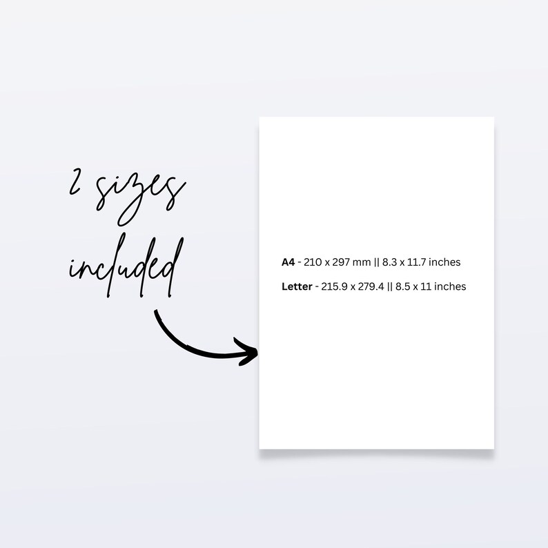 May include: A white sheet of paper with text that says "2 sizes included" and lists the dimensions of two paper sizes: A4 - 210 x 297 mm || 8.3 x 11.7 inches and Letter - 215.9 x 279.4 || 8.5 x 11 inches.