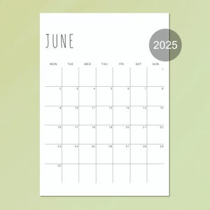 Planificador mensual minimalista imprimible 2025, calendario 2025, descarga digital en PDF, tamaño A4 y carta (EE. UU.), inicio lunes/domingo, fuente manuscrita con estilo.