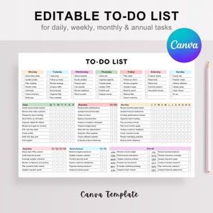 May include: A printable to-do list template with a colourful design. The template is divided into sections for daily, weekly, bi-weekly, monthly, quarterly, semi-annual, and annual tasks. Each section has a checklist with boxes to tick off completed tasks.