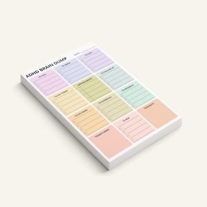 Compact 4x6in brain dump sticky notes with pastel rainbow sections, checkboxes, and undated layout for organizing thoughts, tasks, reminders, ideas, and executive function support.