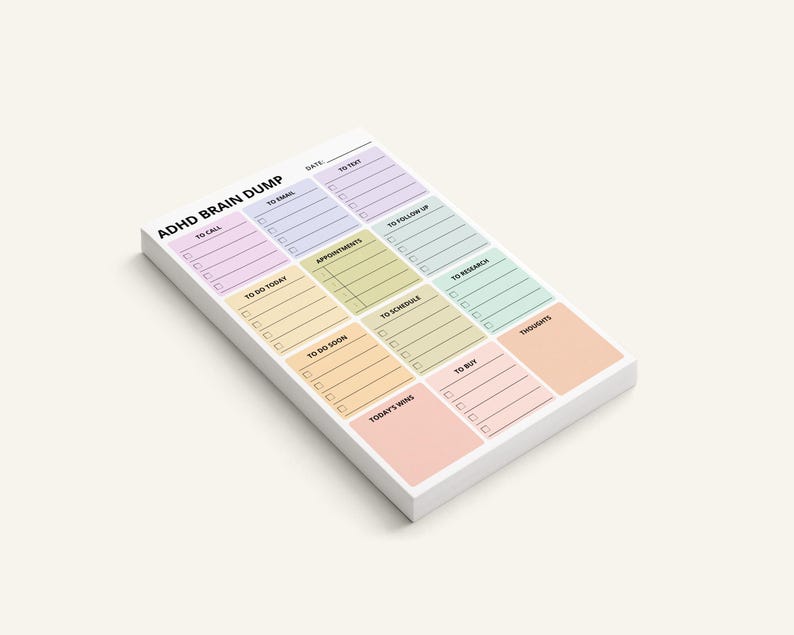 Compact 4x6in brain dump sticky notes with pastel rainbow sections, checkboxes, and undated layout for organizing thoughts, tasks, reminders, ideas, and executive function support.