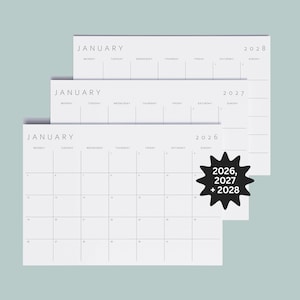 May include: Three minimalist white calendars for January 2026, 2027, and 2028. Each calendar displays the days of the week across the top and numbered dates below. A black starburst graphic indicates the years included.