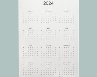 2024 jaarkalender afdrukbaar, jaarkalender 2024, jaar in één oogopslag, jaaroverzicht 2024, minimalistisch, A4/A3/letter, zondag/maandag start