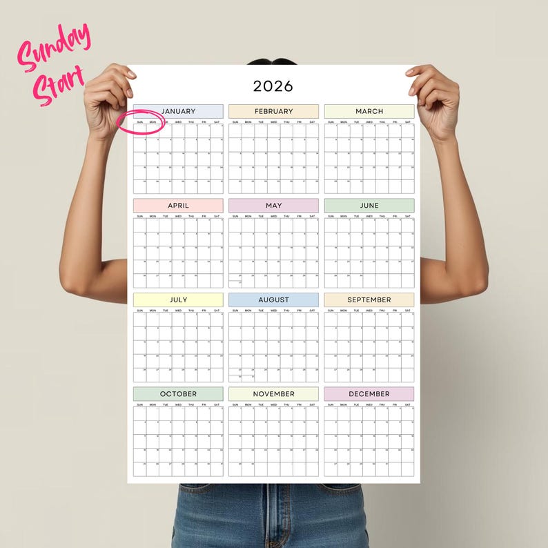 2026 Wall Calendar Year at a Glance Poster, Minimal Pastel Design ...