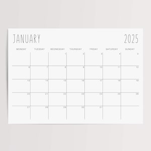 Minimalist 2025 Calendar Printable Monthly PDF with Monday & Sunday Start Options Thin Handwritten Font Landscape Format Instant Download