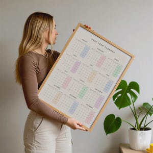 May include: A framed 2026 year planner with a light wood frame. The calendar grid features pastel color blocks for each month. The text "2026 YEAR PLANNER" is at the top. The calendar is held by a person.