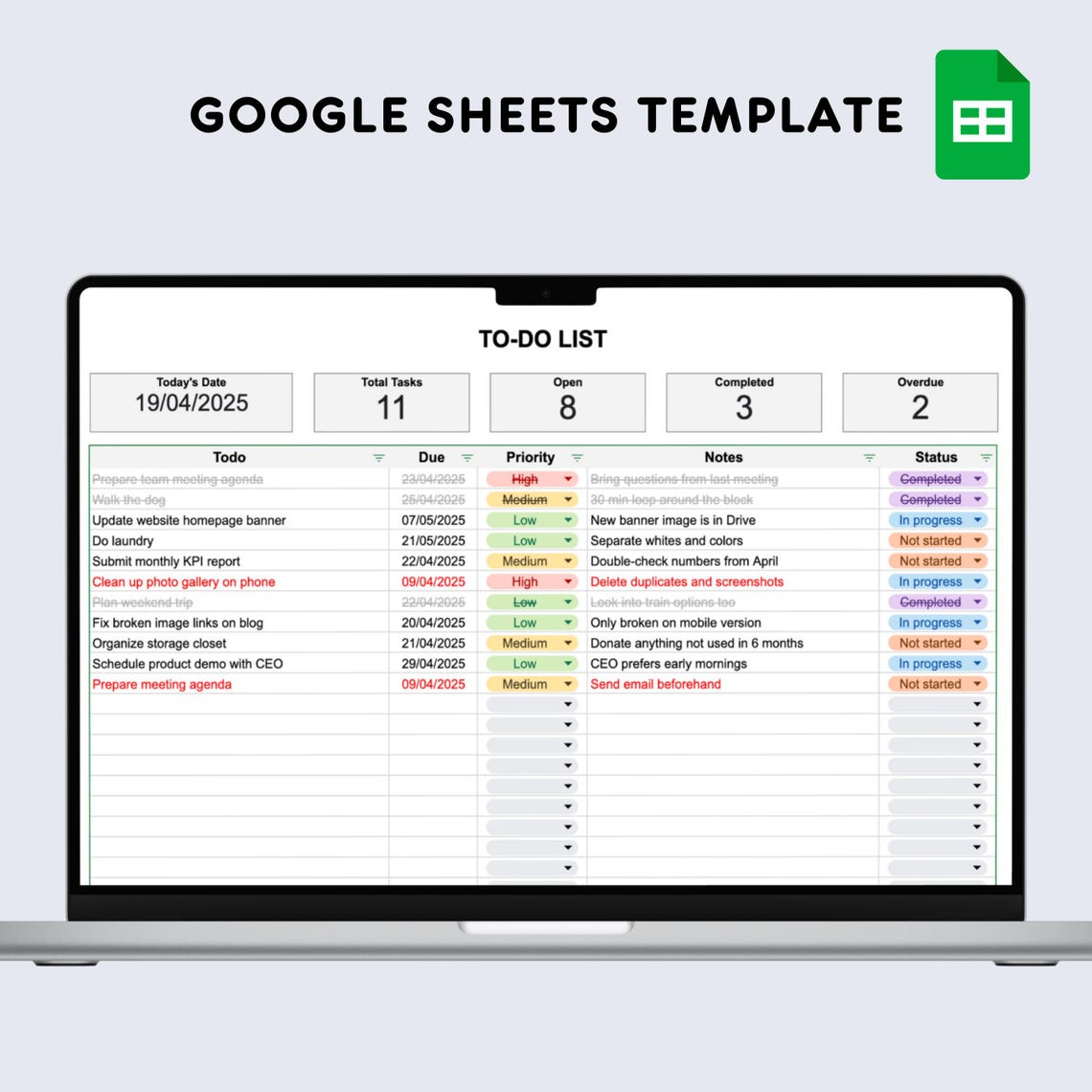 Interactive To-do List Google Sheets Template: Task Tracker Dashboard ...