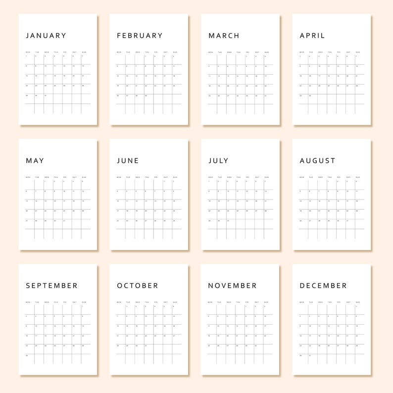 Printable Calendar 2024 Monthly Planner 2024 Letter, 11x17, A4, A3 Portrait Monday & Sunday Start Minimalist Instant Download PDF image 7